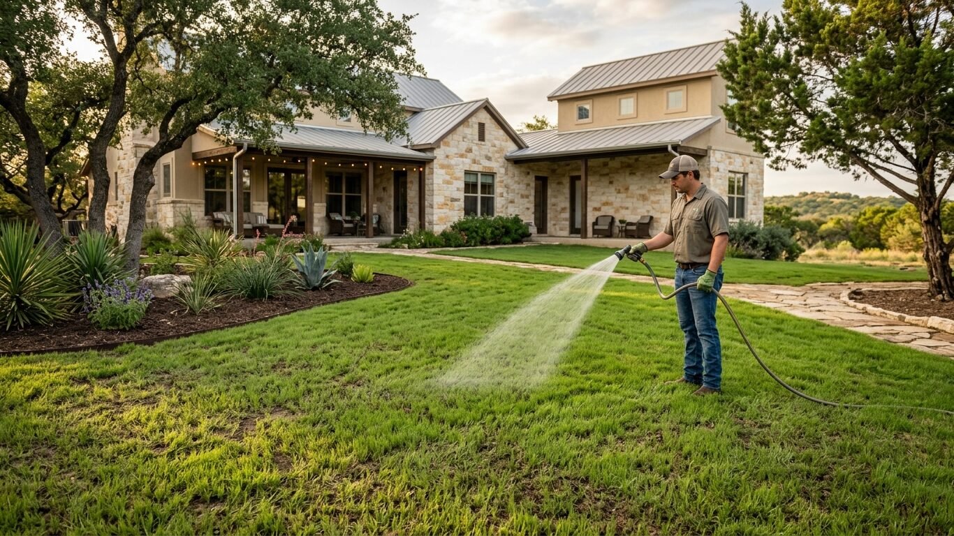 Thickening hydroseeded lawn being watered during the grass establishment stage in San Marcos, TX