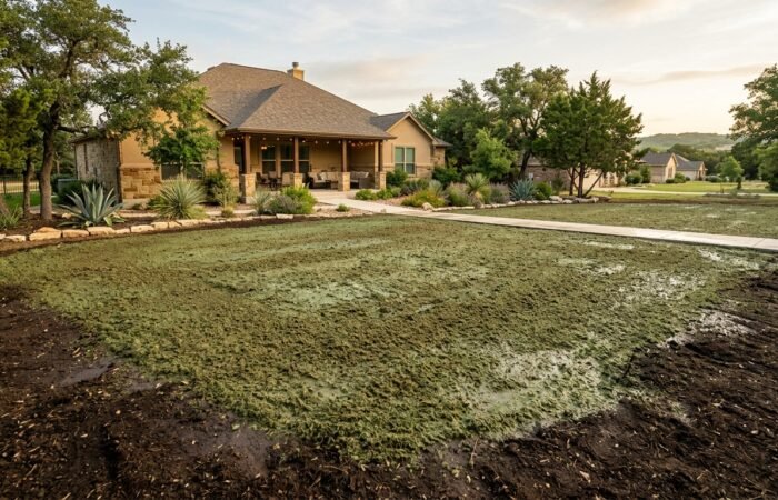Hydroseeded lawn in Bastrop TX immediately after installation with mulch-covered soil