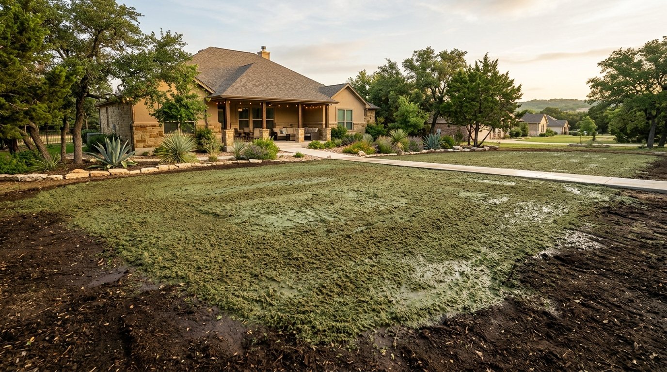 Hydroseeded lawn in Bastrop TX immediately after installation with mulch-covered soil