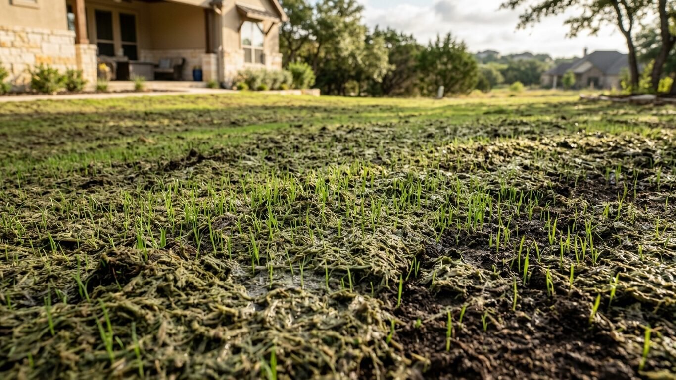 Fresh grass seedlings growing through hydroseeding mulch on a residential lawn in San Marcos, TX
