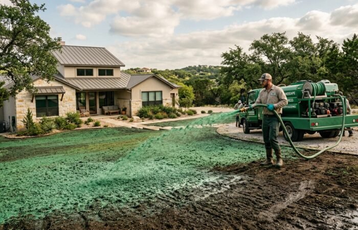 Professional hydroseeding crew applying hydroseeding slurry to a residential lawn in San Marcos, TX