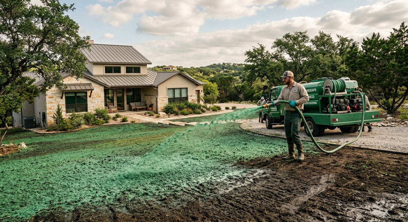 Professional hydroseeding crew applying hydroseeding slurry to a residential lawn in San Marcos, TX