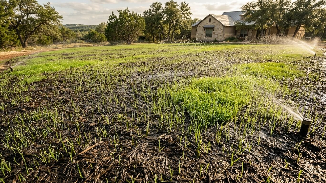 Hydroseeded lawn in Bastrop TX showing young grass shoots and controlled watering