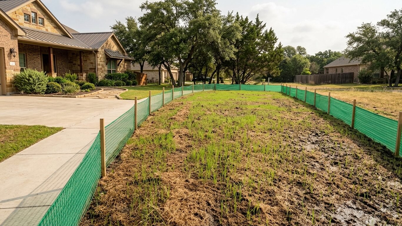 Hydroseeded lawn in Bastrop TX protected during early grass establishment