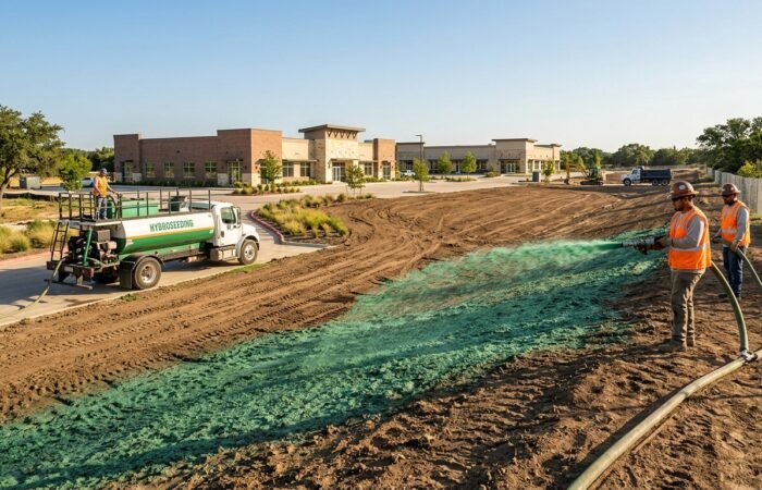 Commercial Hydroseeding Solutions in Manchaca, TX applied across a large commercial property.