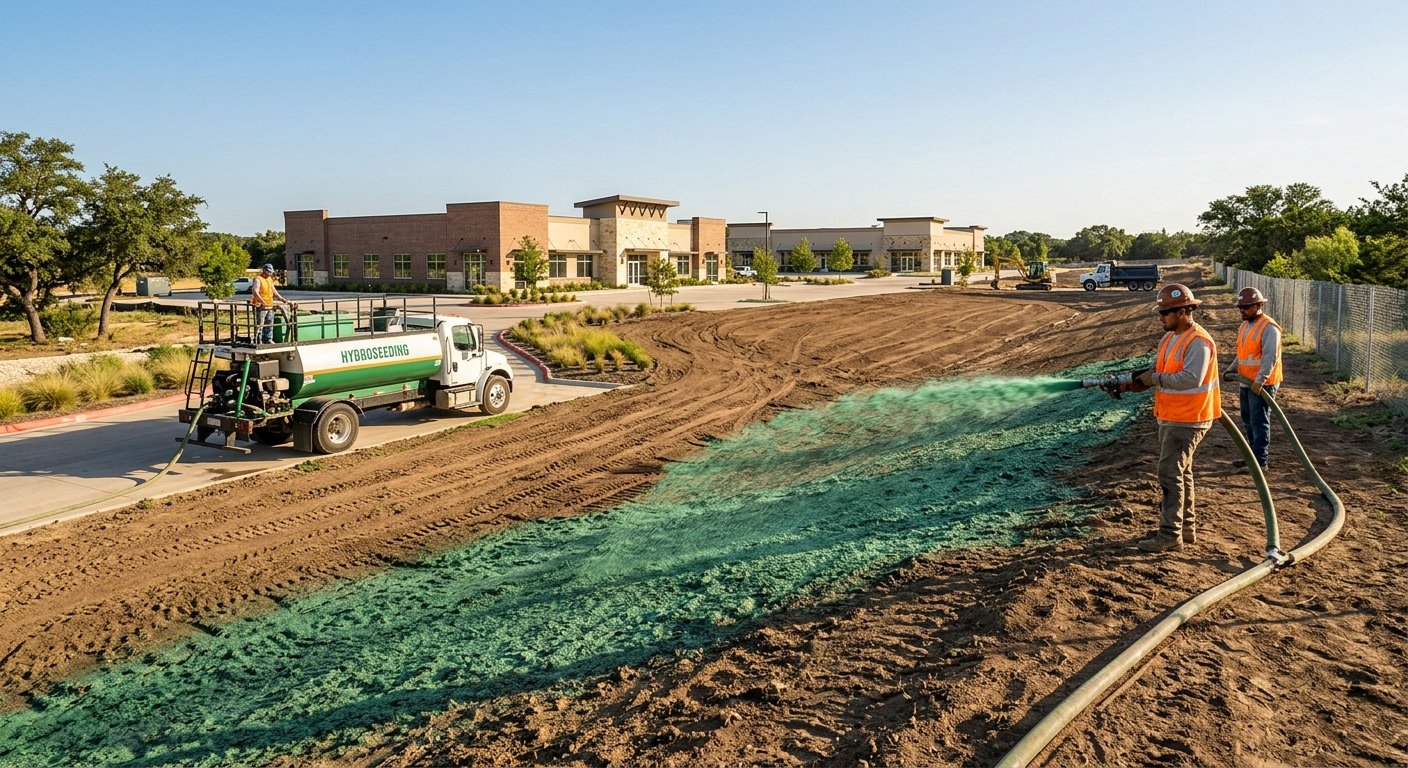 Commercial Hydroseeding Solutions in Manchaca, TX applied across a large commercial property.