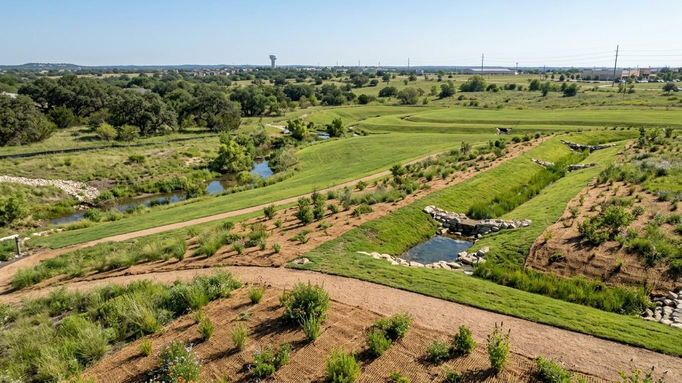 Soil Stabilization in Kyle, TX using erosion-control blankets on a slope
