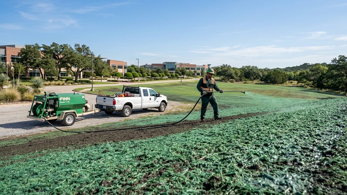 Professional Commercial Hydroseeding Solutions in Manchaca, TX for large-scale lawn establishment.