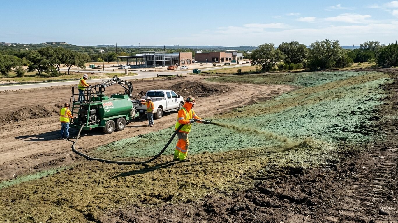 Commercial Hydroseeding Solutions in Manchaca, TX for construction site vegetation and erosion control.