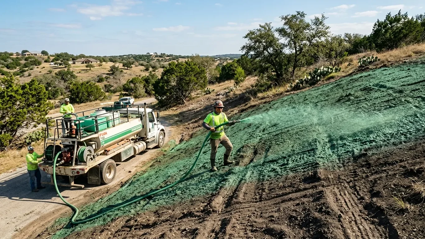 Hydro mulching company in Buda TX applying hydroseed mulch across a sloped property.