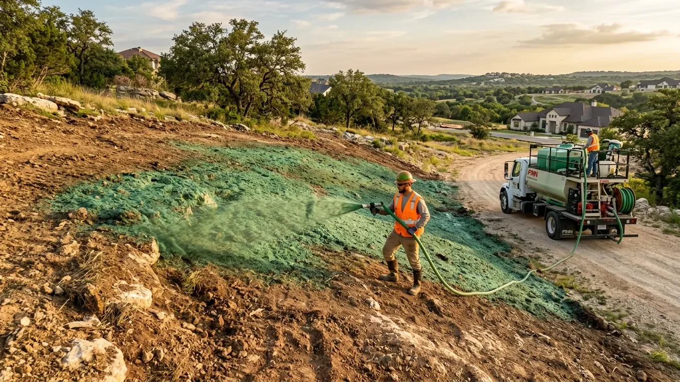 Hydroseeding in San Marcos, TX covering sloped bare soil to support grass growth and erosion control.