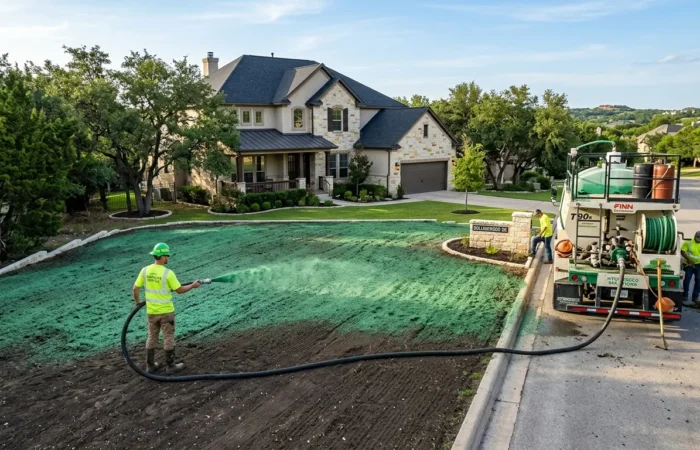 Professional Hydromulching in Rollingwood TX applied to a freshly prepared residential lawn.