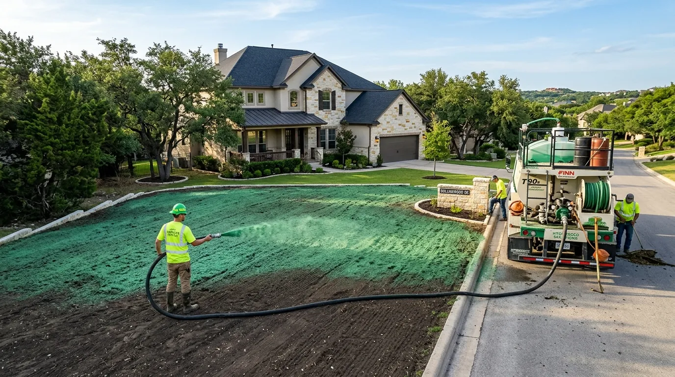 Professional Hydromulching in Rollingwood TX applied to a freshly prepared residential lawn.