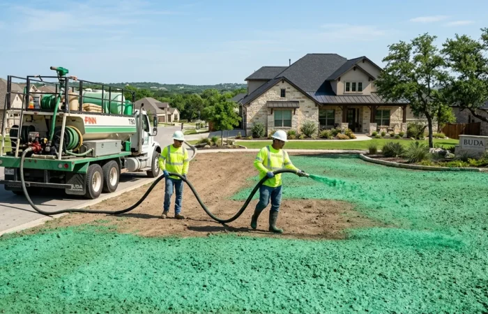Professional hydro mulching company in Buda TX applying hydroseed to a prepared residential lawn.