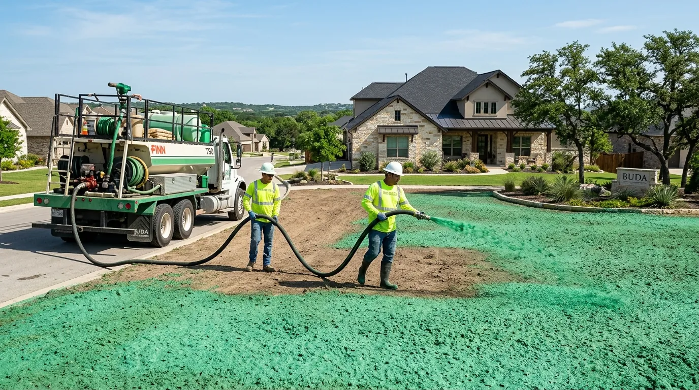 Professional hydro mulching company in Buda TX applying hydroseed to a prepared residential lawn.