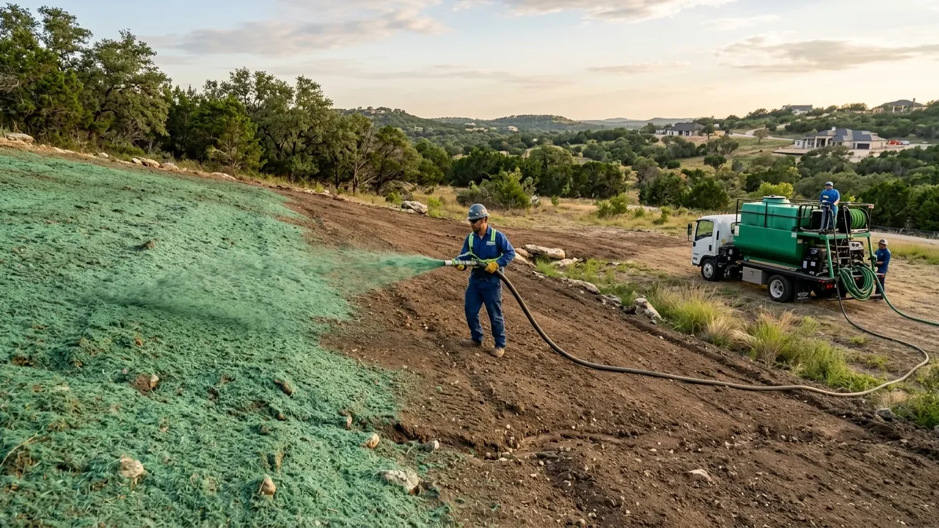 Hydro Mulching in Austin TX covering exposed soil on a sloped landscape to support erosion control.