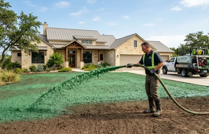 Professional Hydroseeding in San Marcos, TX applied to a newly prepared residential lawn.