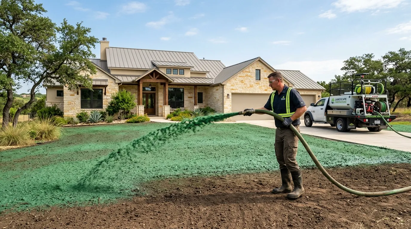 Professional Hydroseeding in San Marcos, TX applied to a newly prepared residential lawn.