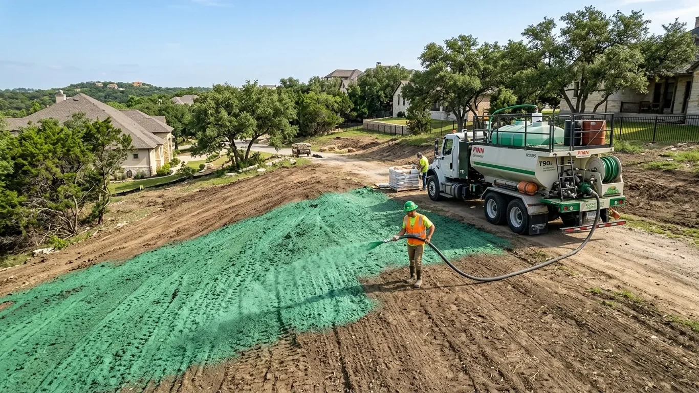 Hydromulching in Rollingwood TX on sloped and disturbed soil using professional equipment.