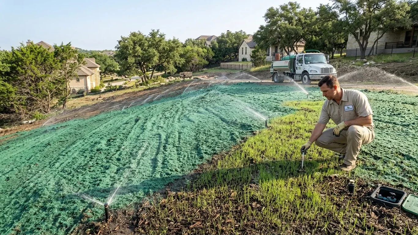 New lawn growth after Hydromulching in Rollingwood TX with proper watering and aftercare.