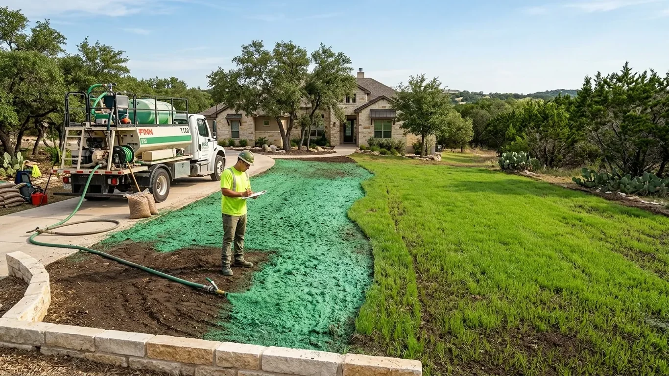 Hydro mulching company in Buda TX helping establish new grass with professional hydroseeding.