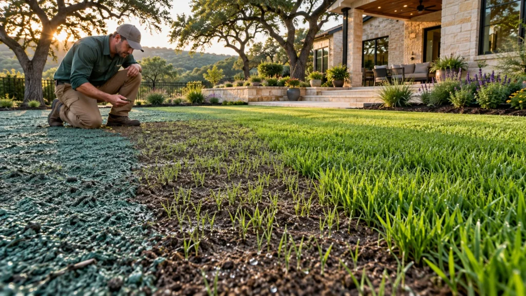 Hydroseeding in San Marcos, TX showing new grass seedlings emerging across a residential lawn.