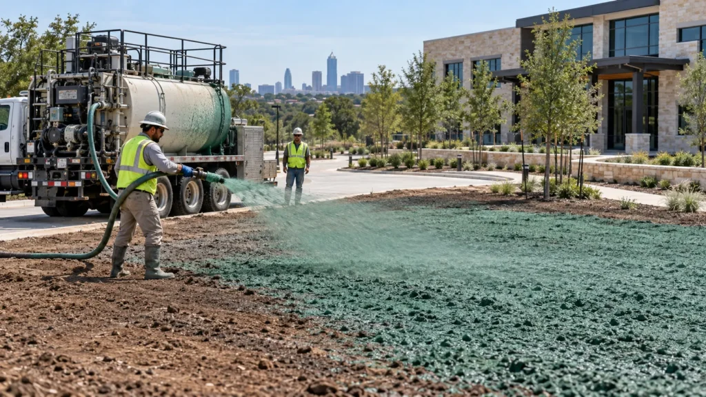 Expert Hydro Mulching in Austin TX using professional equipment to seed a commercial landscape.