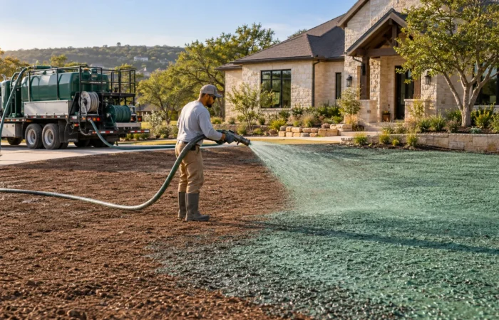 Professional Hydro Mulching in Austin TX being applied to a newly prepared residential lawn.
