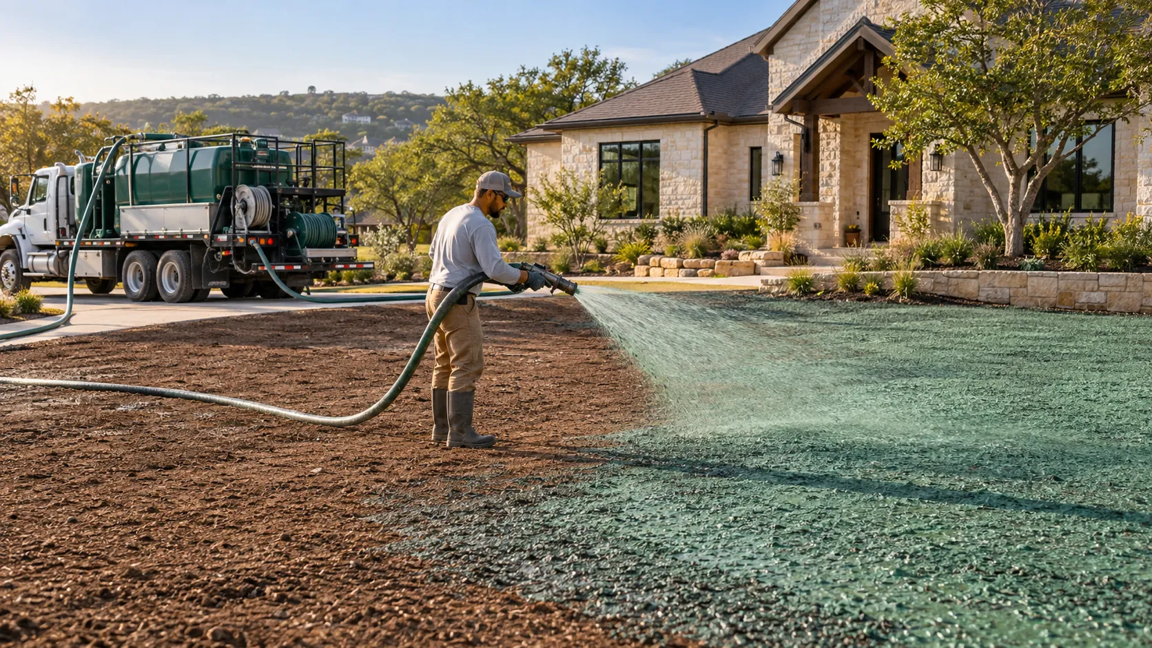 Professional Hydro Mulching in Austin TX being applied to a newly prepared residential lawn.